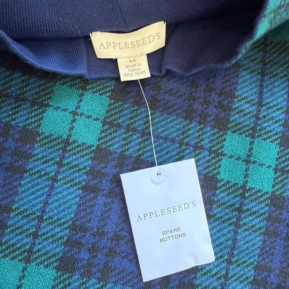 Appleseed's Womens Black Watch Plaid Mock Neck Sweater Blue Green Button M